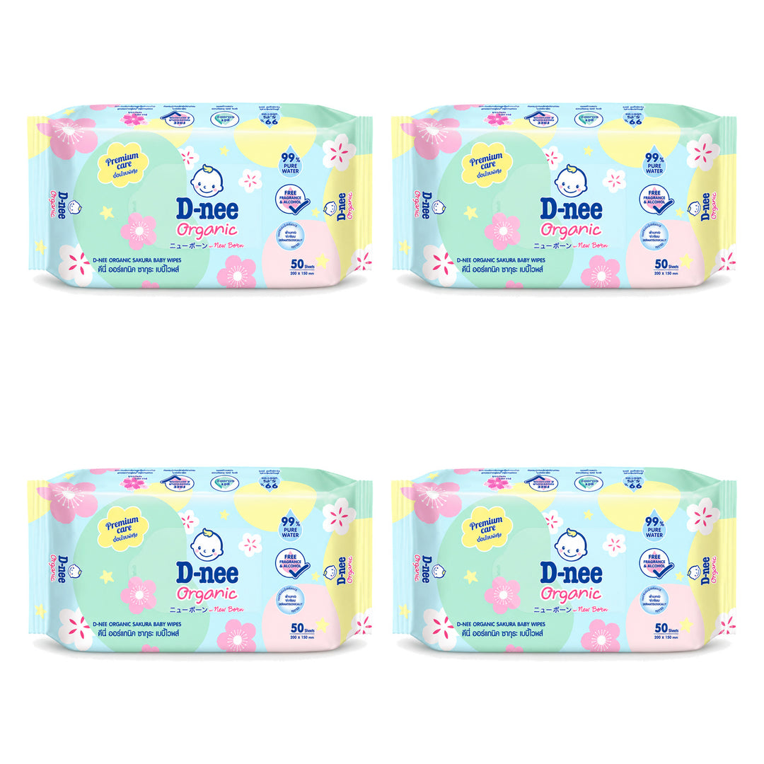 D-nee Organic Sakura Baby Wipes — 50 Sheets | 4 Packs — 4 identical retail packages on a white background