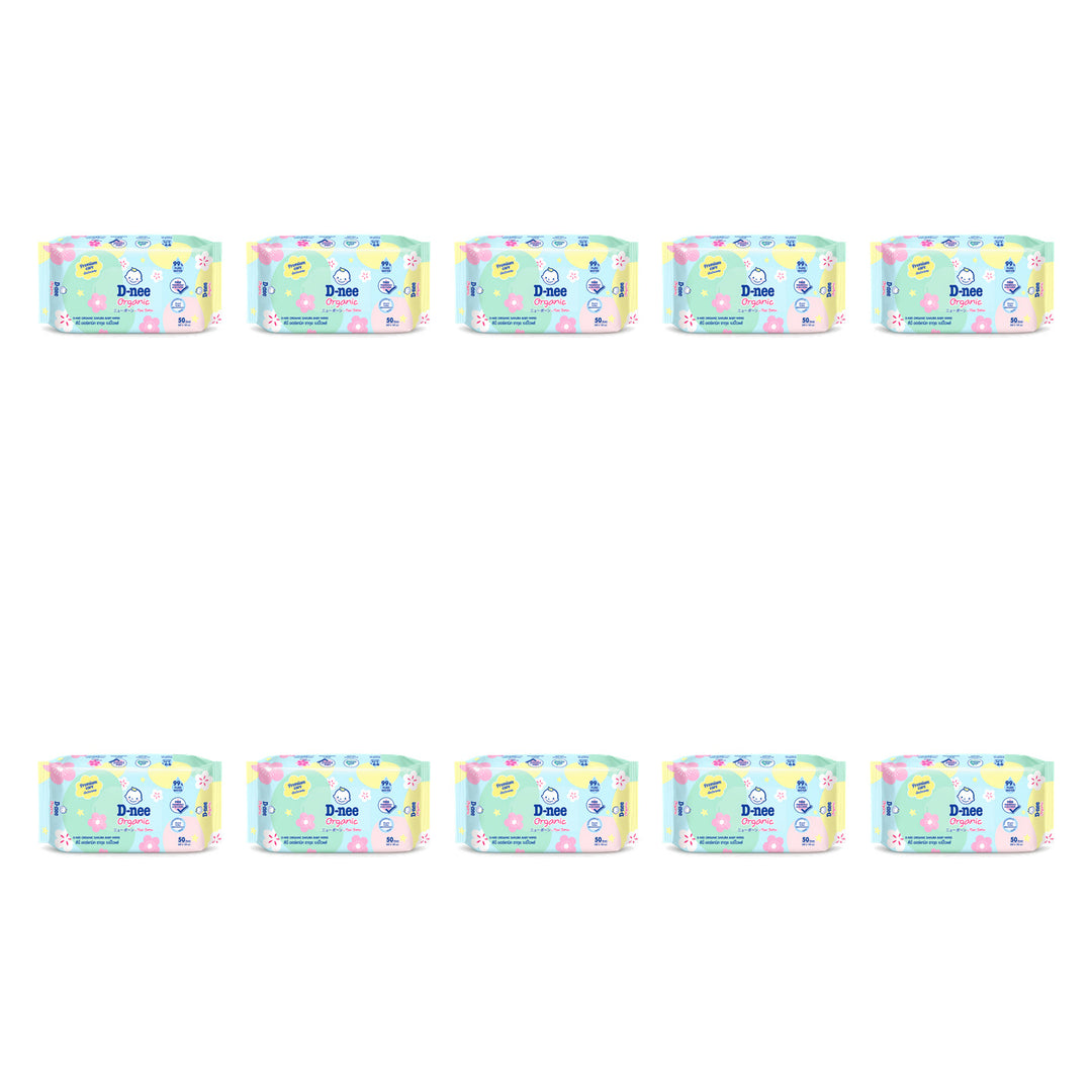 D-nee Organic Sakura Baby Wipes — 50 Sheets | 10 Packs — 10 identical retail packages on a white background