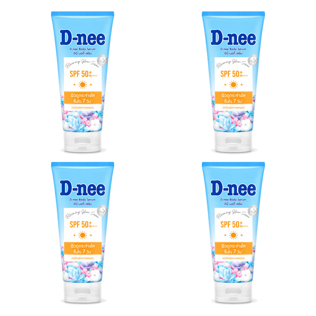 D-nee Sunscreen Body Serum SPF50+ PA++++ — 150 ml | 4 Packs — 4 identical retail packages on a white background