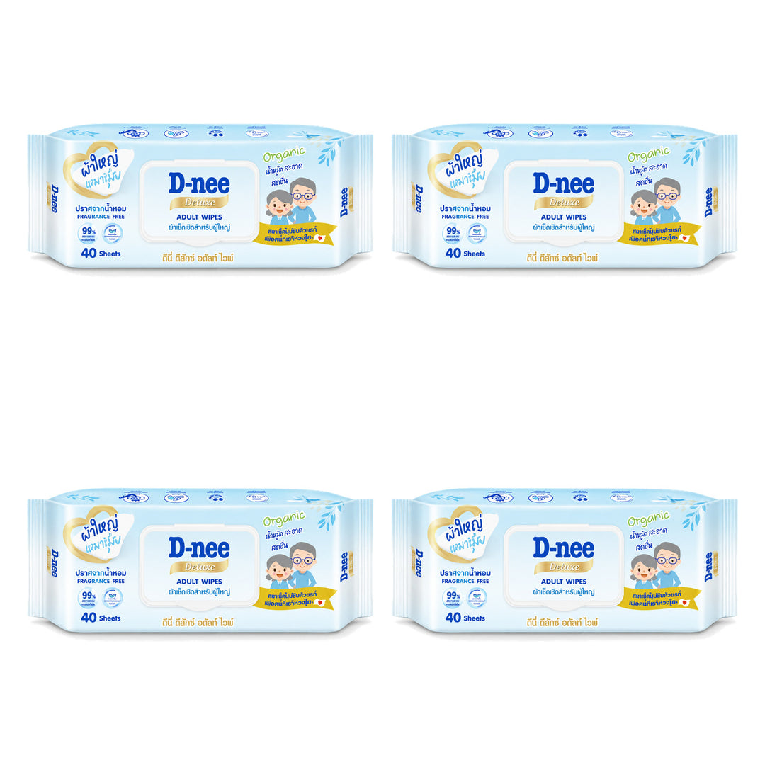 D-nee Deluxe Adult Wipes — 40 Sheets | 4 Packs — 4 identical retail packages on a white background