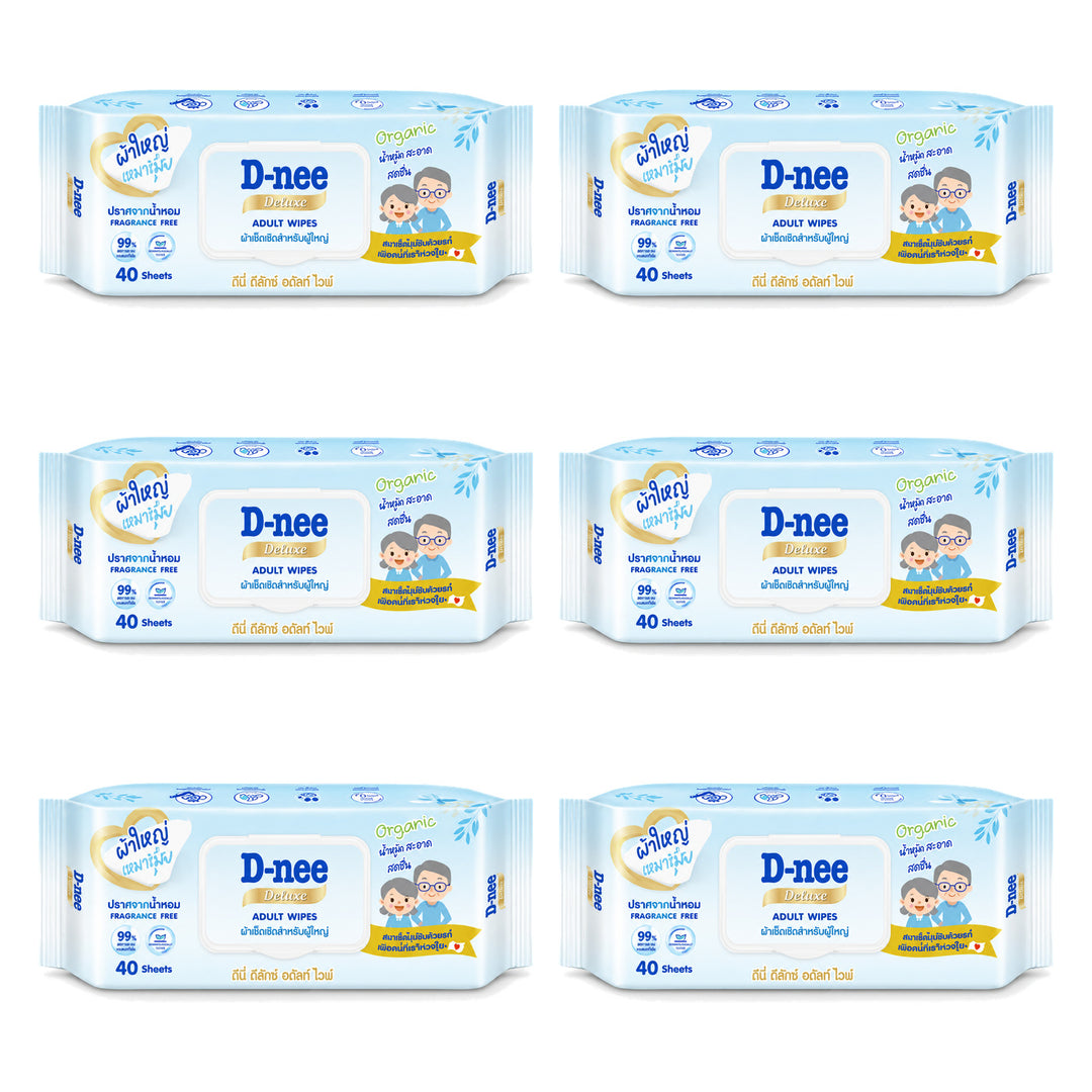 D-nee Deluxe Adult Wipes — 40 Sheets | 6 Packs — 6 identical retail packages on a white background
