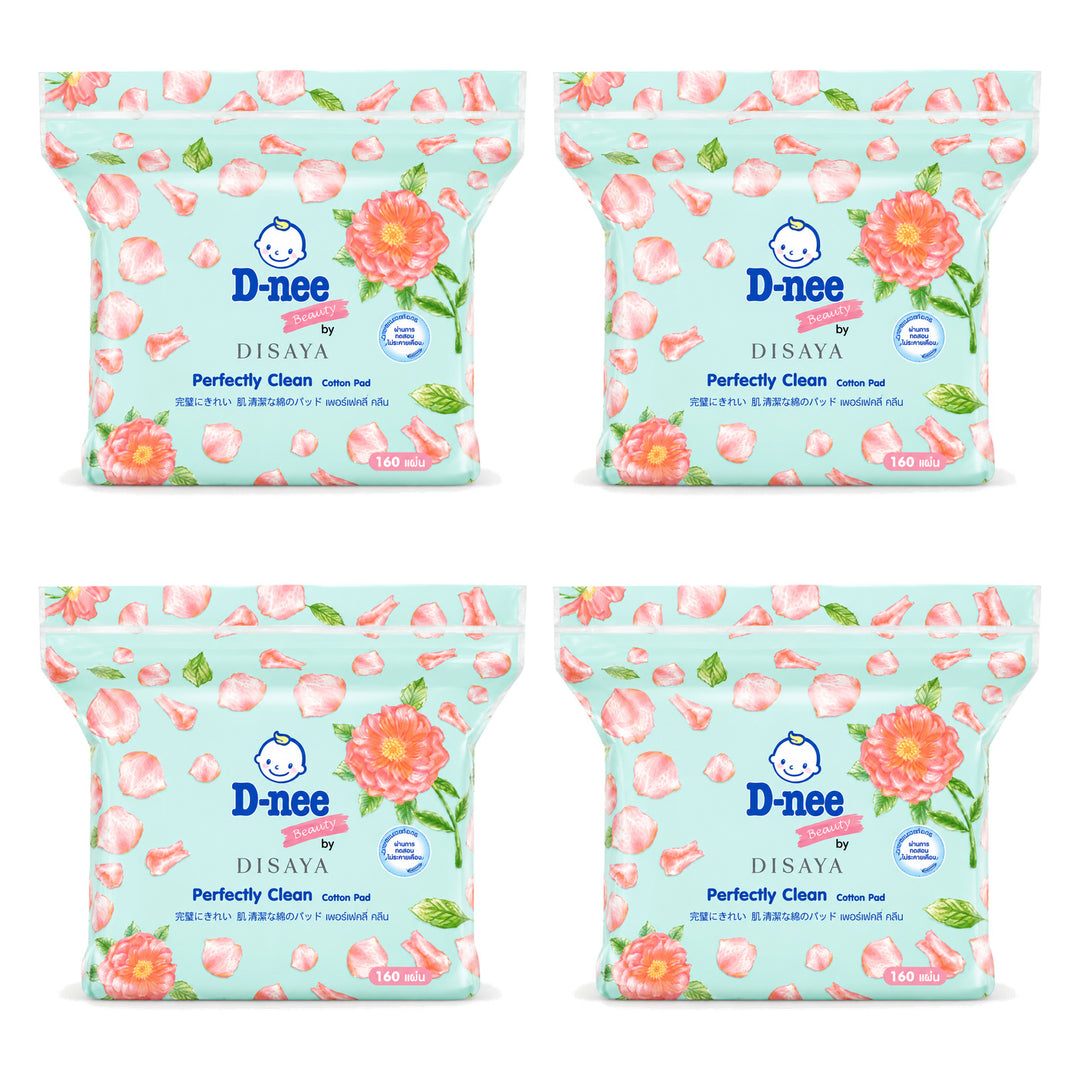 D-nee Beauty by Disaya Perfectly Clean Cotton — 160 Pads | 4 Packs — 4 identical retail packages on a white background
