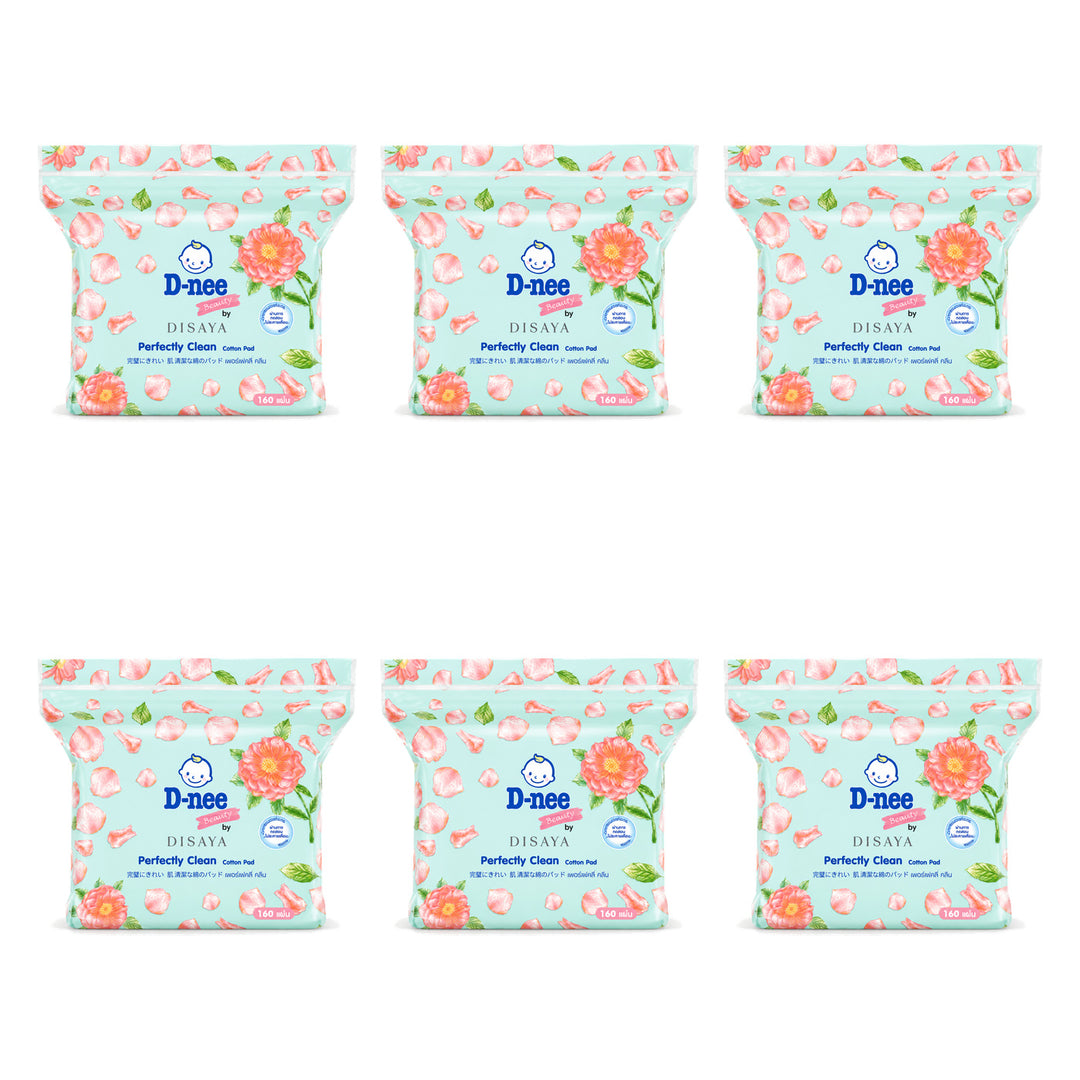 D-nee Beauty by Disaya Perfectly Clean Cotton — 160 Pads | 6 Packs — 6 identical retail packages on a white background