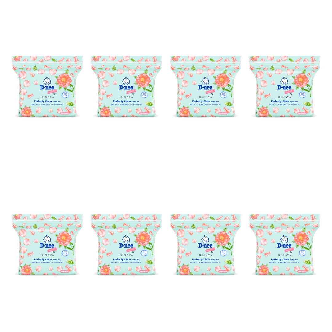 D-nee Beauty by Disaya Perfectly Clean Cotton — 160 Pads | 8 Packs — 8 identical retail packages on a white background