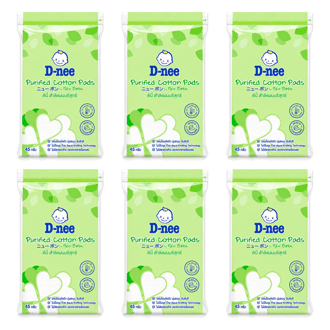 D-nee Purified Facial Cotton Pads — 45 g / 90 g | 6 Packs — 6 identical retail packages on a white background; selected formula 45 g