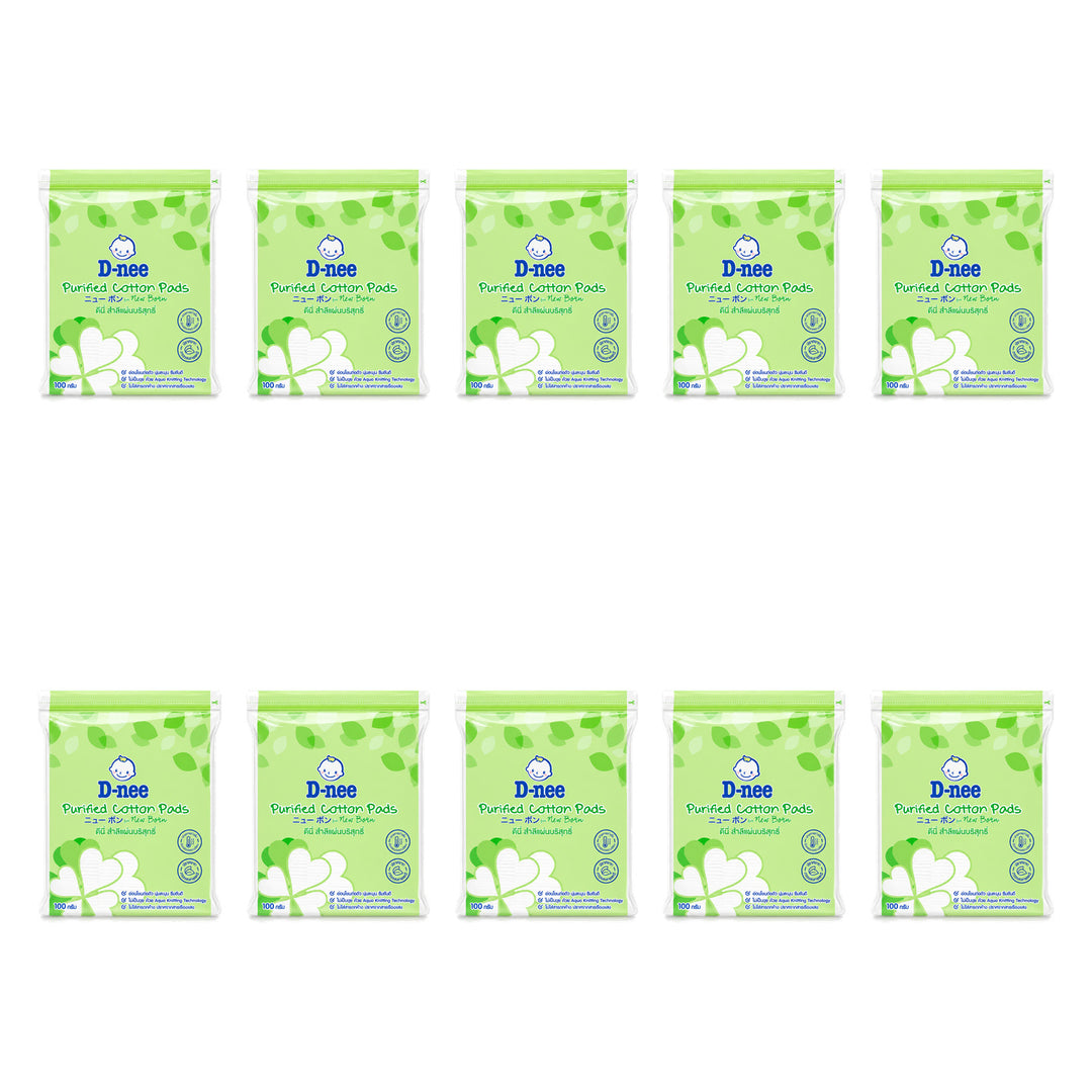 D-nee Purified Facial Cotton Pads — 45 g / 100 g | 10 Packs — 10 identical retail packages on a white background; selected formula 100 g