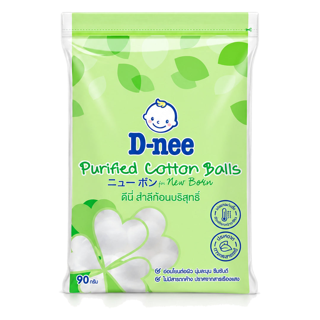 D-nee Purified Cotton Balls — 35 g / 90 g | 1 Pack — 1 identical retail packages on a white background; selected formula 90 g