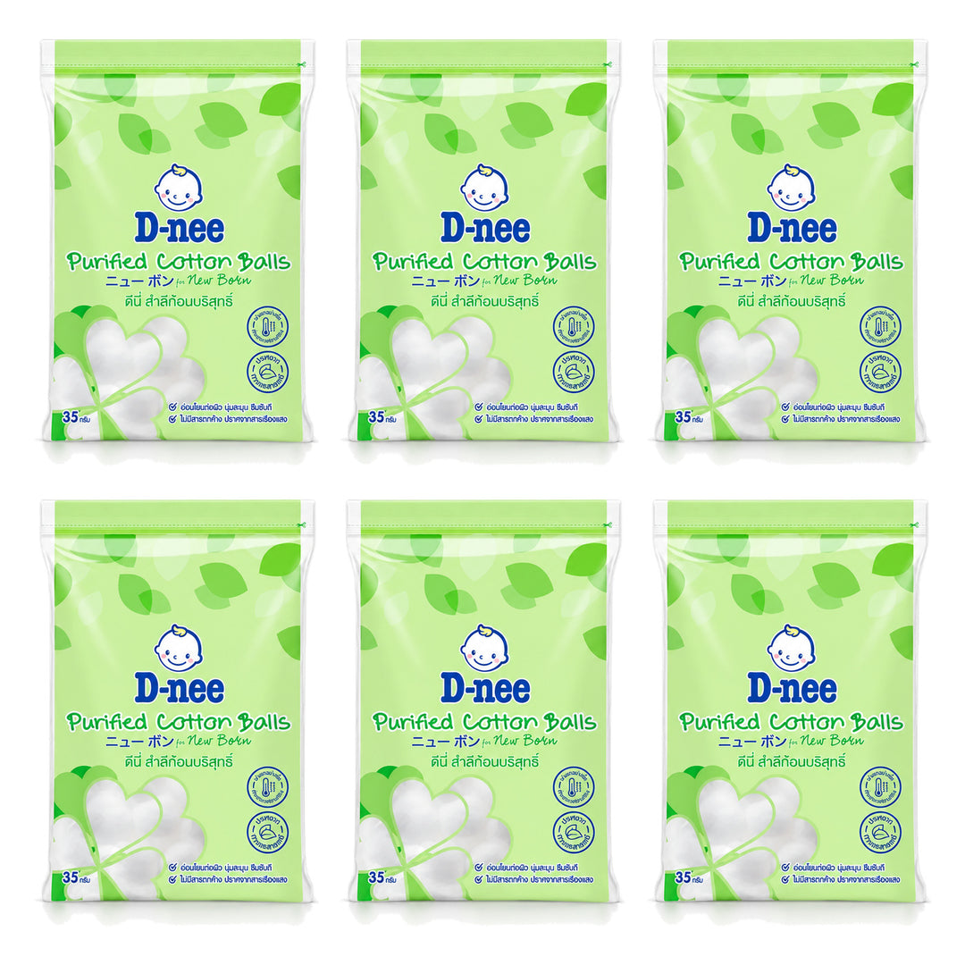 D-nee Purified Cotton Balls — 35 g / 90 g | 6 Packs — 6 identical retail packages on a white background; selected formula 35 g