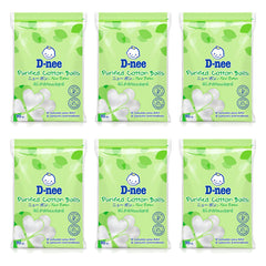 D-nee Purified Cotton Balls — 35 g / 90 g | 6 Packs — 6 identical retail packages on a white background; selected formula 90 g
