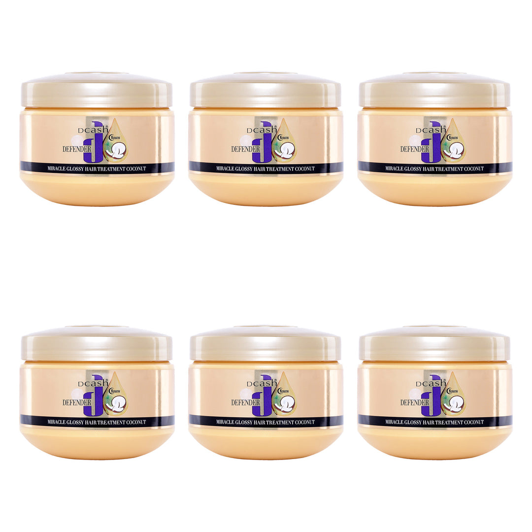 Dcash Defender Keratin Miracle Glossy Hair Treatment Coconut 250/500 ml | 6 Packs — 6 identical retail packages on a white background