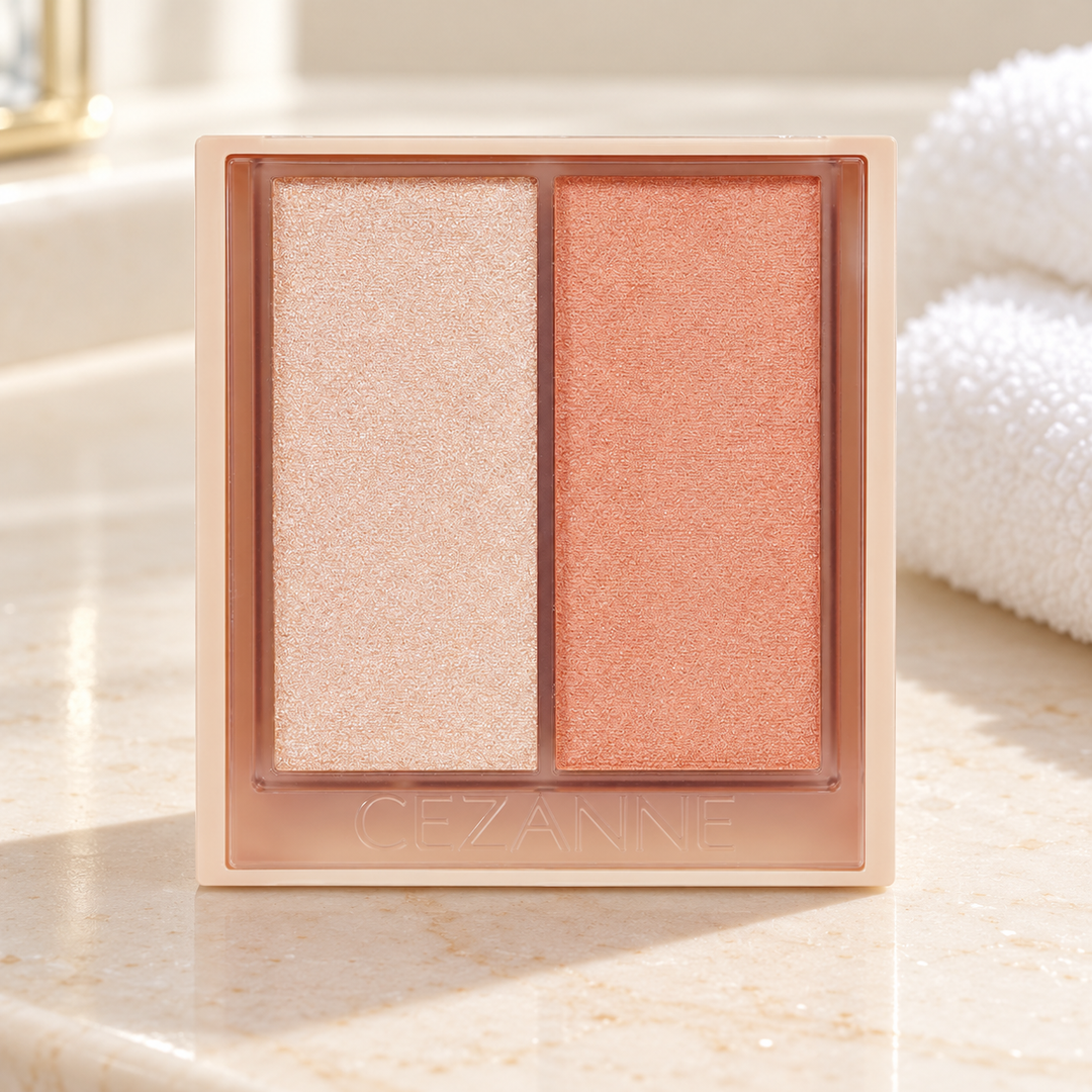 CEZANNE Face Glow Color 01 Apricot Glow on a neutral vanity, lifestyle view 1