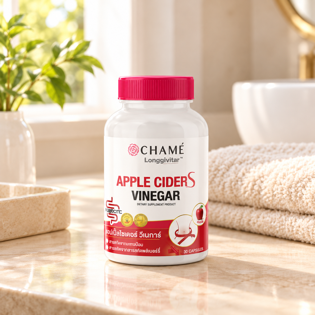 CHAMÉ Longgivitar Apple Cider Vinegar S — 30 Capsules — product on a bathroom vanity