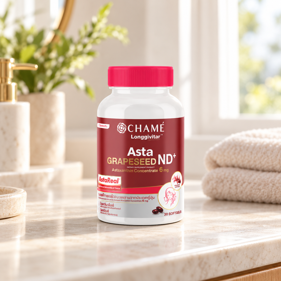 CHAMÉ Longgivitar Asta Grapeseed ND+ — 30 Softgels — product on a bathroom vanity