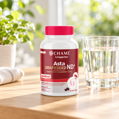 CHAMÉ Longgivitar Asta Grapeseed ND+ — 30 Softgels — product beside a glass of water