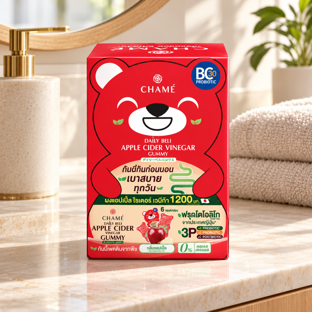 CHAMÉ Daily Beli Apple Cider Vinegar Gummy — 6 Sachets — product on a bathroom vanity
