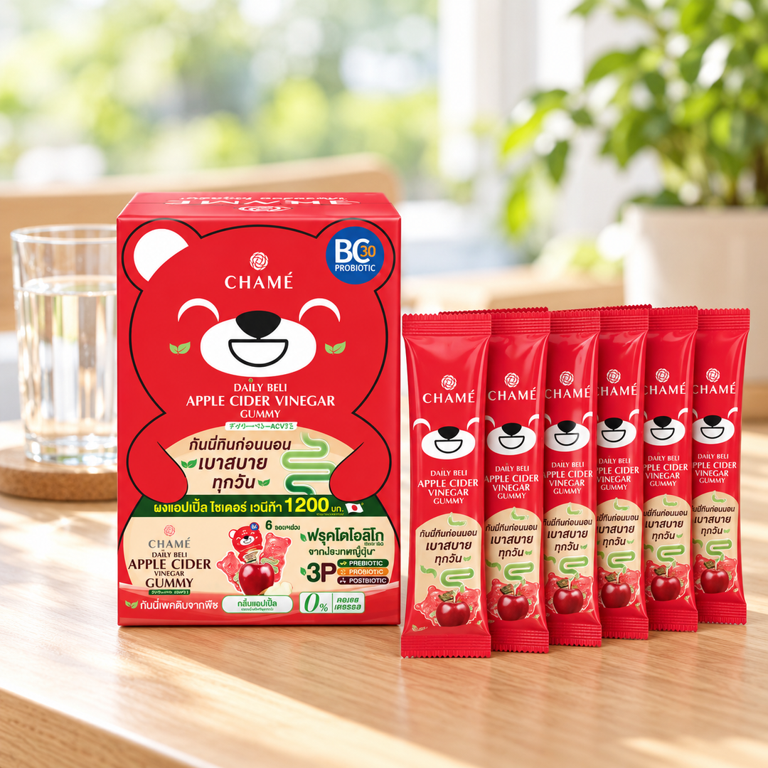 CHAMÉ Daily Beli Apple Cider Vinegar Gummy — 6 Sachets — product beside a glass of water