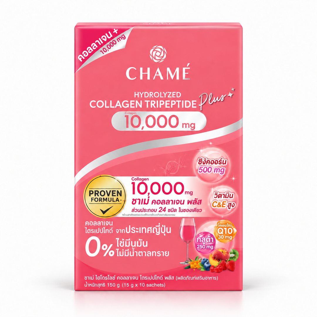 CHAMÉ Hydrolyzed Collagen Tripeptide Plus 10,000 mg — 15 g × 10 Sachets — product on white background
