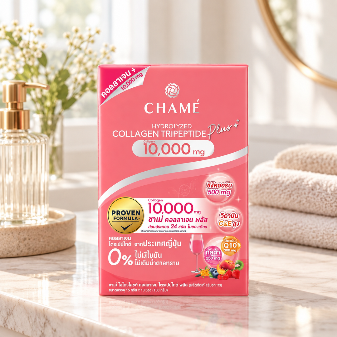 CHAMÉ Hydrolyzed Collagen Tripeptide Plus 10,000 mg — 15 g × 10 Sachets — product on a bathroom vanity