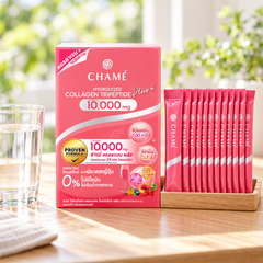CHAMÉ Hydrolyzed Collagen Tripeptide Plus 10,000 mg — 15 g × 10 Sachets — product beside a glass of water