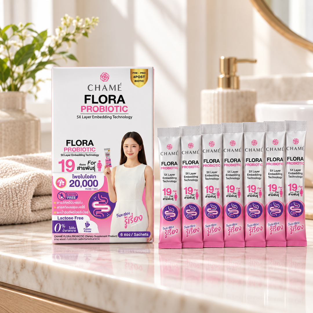 CHAMÉ Flora Probiotics Kyoho Grape — 3 g × 6 Sachets — product on a bathroom vanity