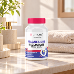 CHAMÉ Longgivitar Magnesium Bisglycinate — 30 Capsules — product on a bathroom vanity