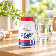 CHAMÉ Longgivitar Magnesium Bisglycinate — 30 Capsules — product beside a glass of water