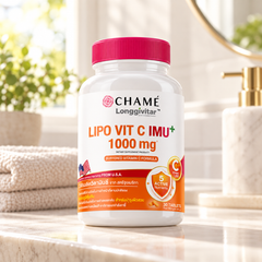 CHAMÉ Longgivitar Lipo Vit C Imu+ — 30 Tablets — product on a bathroom vanity
