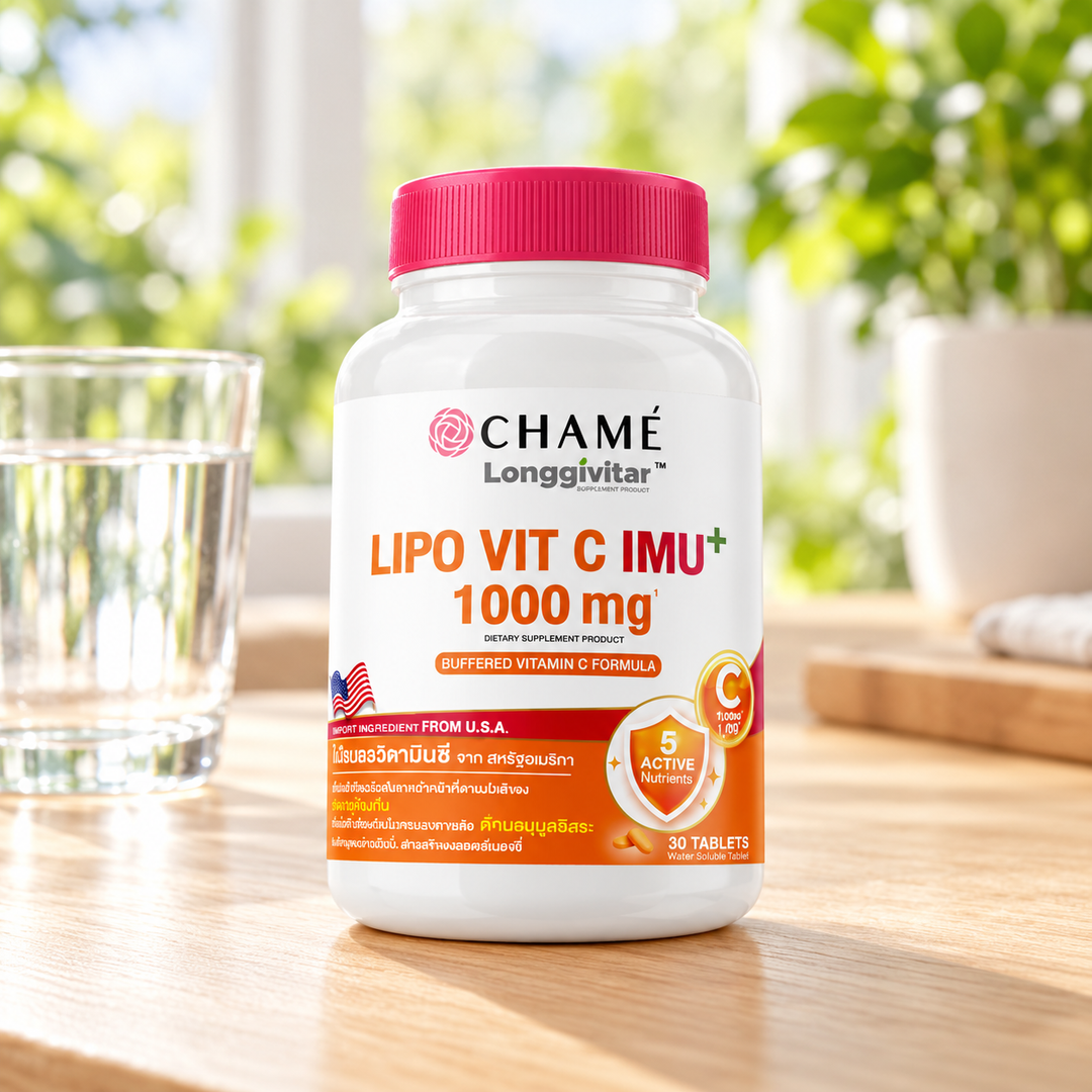 CHAMÉ Longgivitar Lipo Vit C Imu+ — 30 Tablets — product beside a glass of water