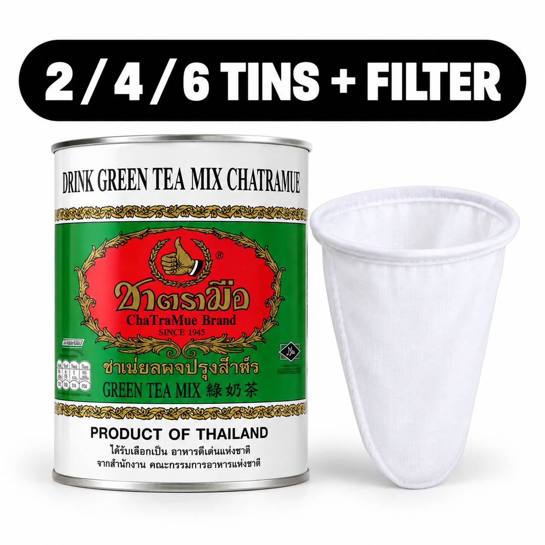 ChaTraMue Milk Green Tea Mix 220g Round Tin + Filter – cover