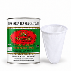 ChaTraMue Milk Green Tea Mix 220 g Round Tin + Filter — 1 retail unit shown