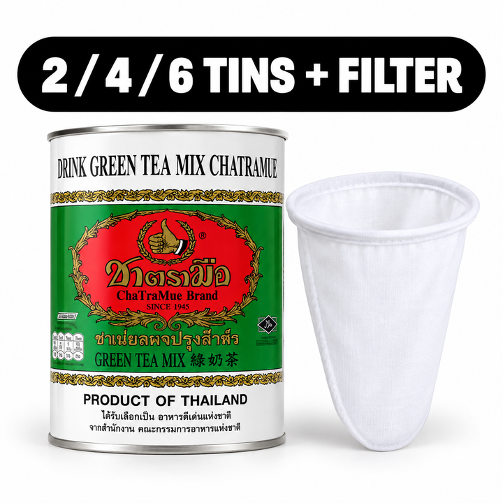 ChaTraMue Milk Green Tea Mix 220g Round Tin + Filter – cover