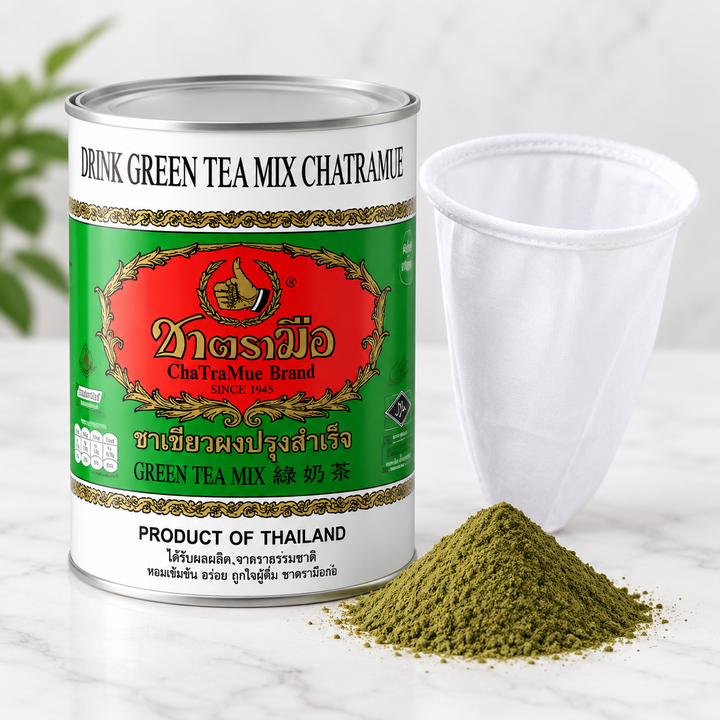 ChaTraMue Milk Green Tea Mix 220g Round Tin + Filter – detail