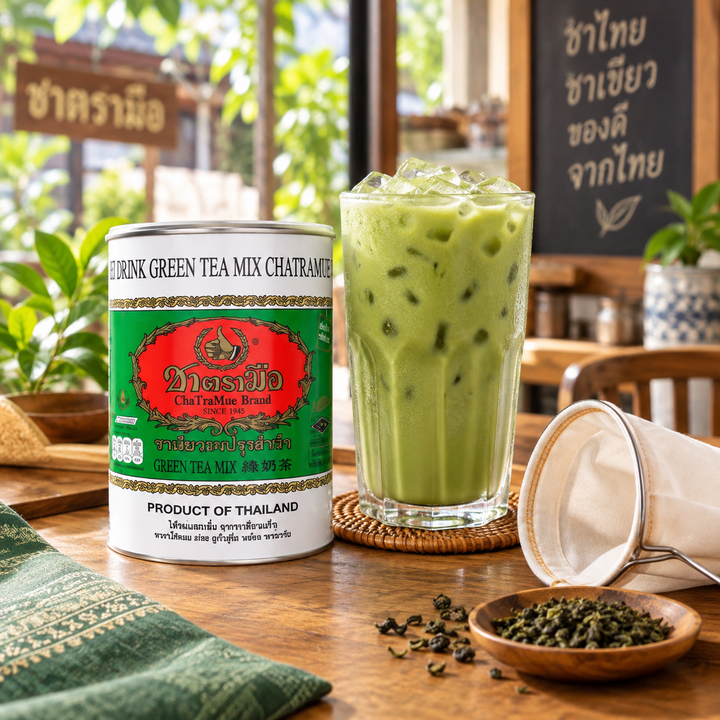 ChaTraMue Milk Green Tea Mix 220g Round Tin + Filter – lifestyle