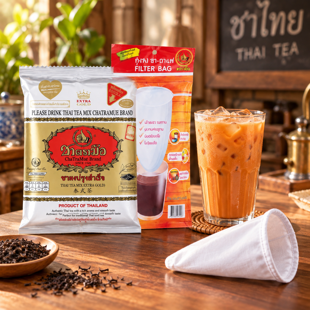 ChaTraMue Thai Tea Extra Gold 400g – 2 Bags + Filter – lifestyle