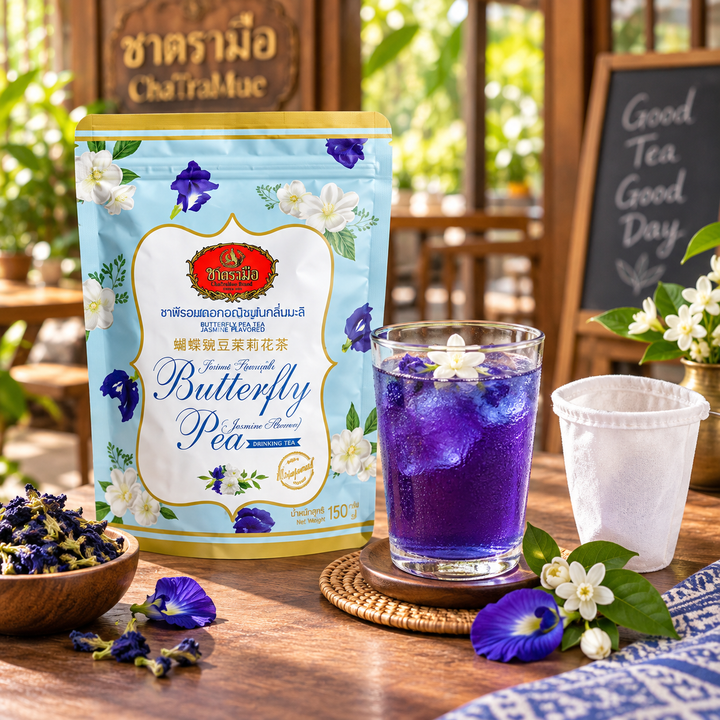 ChaTraMue Jasmine Butterfly Pea Tea 150g – Bags + Filter – lifestyle
