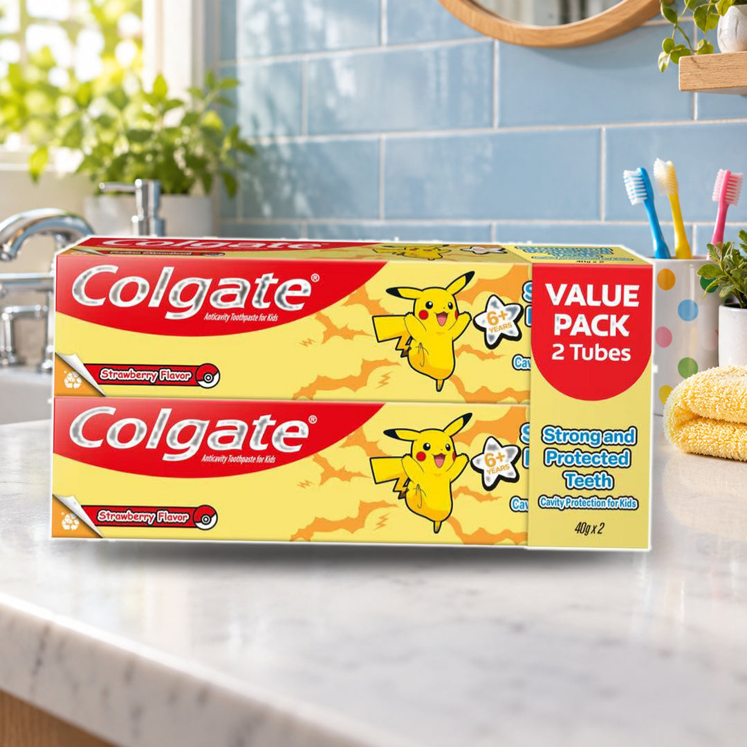 Colgate Kids Pokémon Strawberry 40g – family bathroom lifestyle