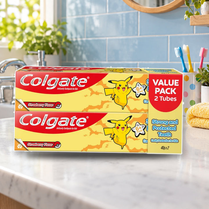 Colgate Kids Pokémon Strawberry 40g – family bathroom lifestyle