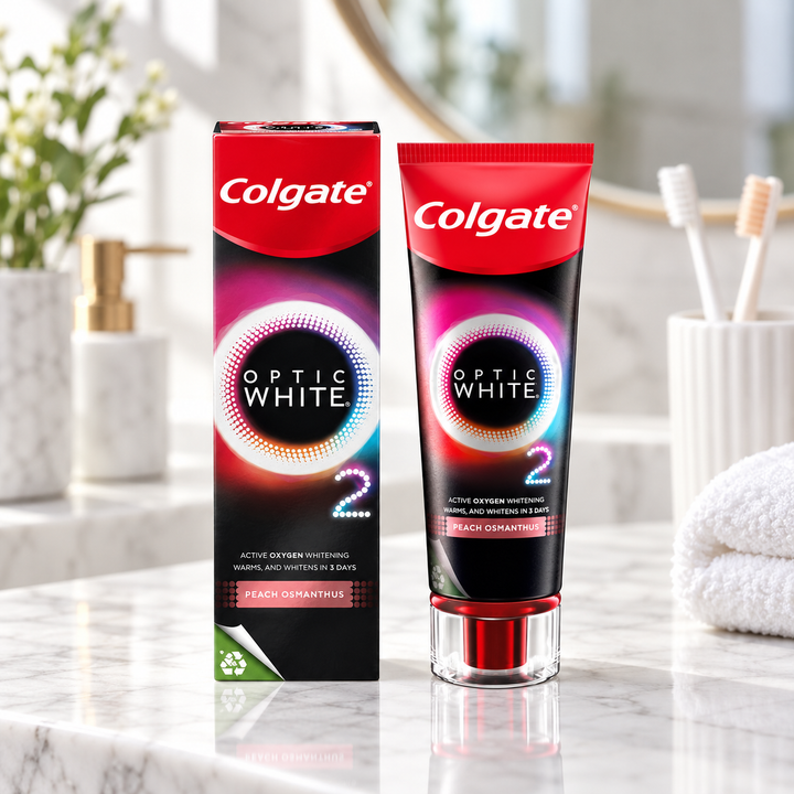 Colgate Optic White O2 Peach Osmanthus Toothpaste 85g — lifestyle image 1