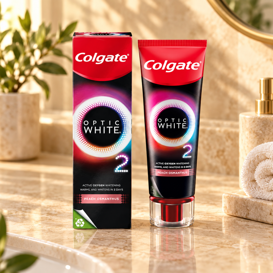 Colgate Optic White O2 Peach Osmanthus Toothpaste 85g — lifestyle image 2