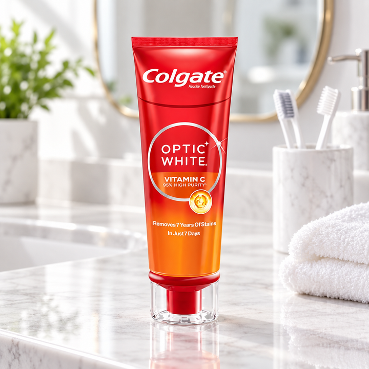Colgate Optic White Vitamin C 80g – bright bathroom lifestyle