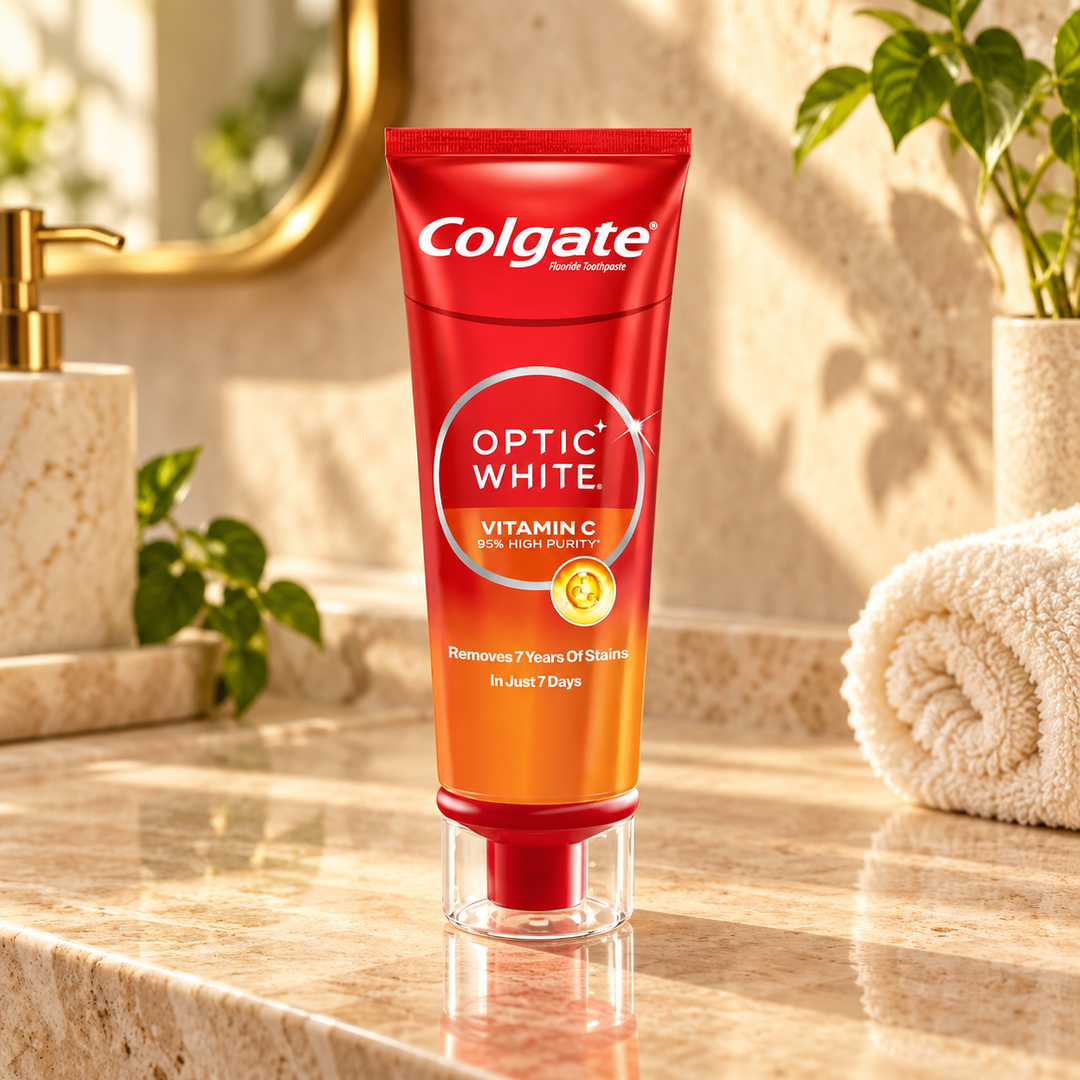 Colgate Optic White Vitamin C 80g – warm bathroom lifestyle