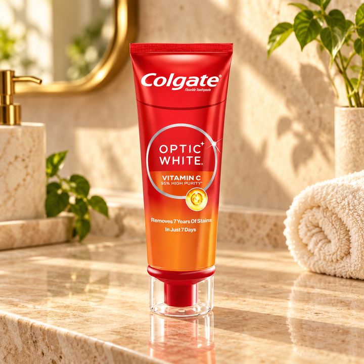 Colgate Optic White Vitamin C 80g – warm bathroom lifestyle