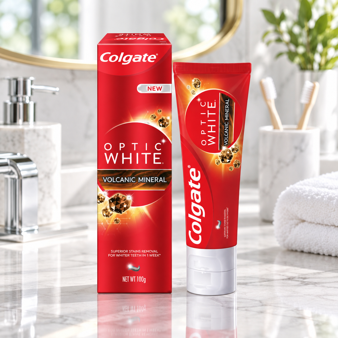 Colgate Optic White Volcanic Mineral 100g – bright bathroom lifestyle