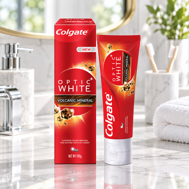 Colgate Optic White Volcanic Mineral 100g – bright bathroom lifestyle