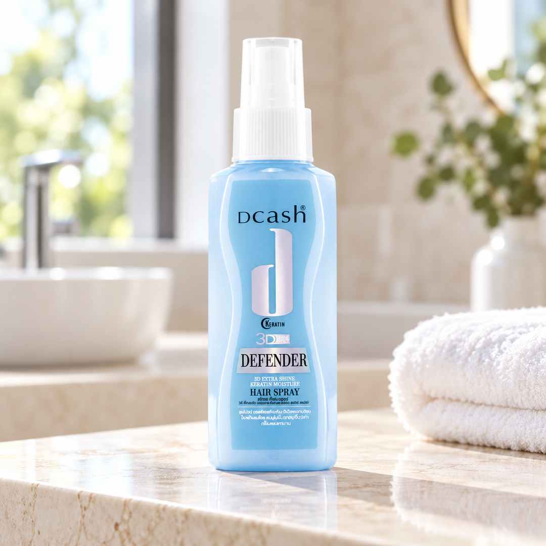 Dcash Defender 3D Extra Shine Keratin Moisture Hair Spray 90/200 ml — supporting product photograph; see selected option and pack quantity