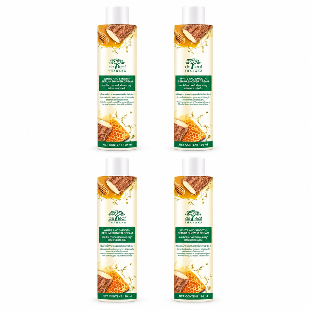 De Leaf Thanaka White & Smooth Serum Shower Cream 180 ml — 4 bottles on white