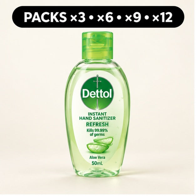 Dettol Refresh Aloe Vera Hand Sanitizer Gel 50 ml — 3, 6, 9 or 12 Bottles — cover