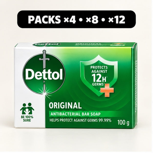 Dettol Original Formula Antibacterial Soap 100 g — 4, 8 or 12 Bars — cover