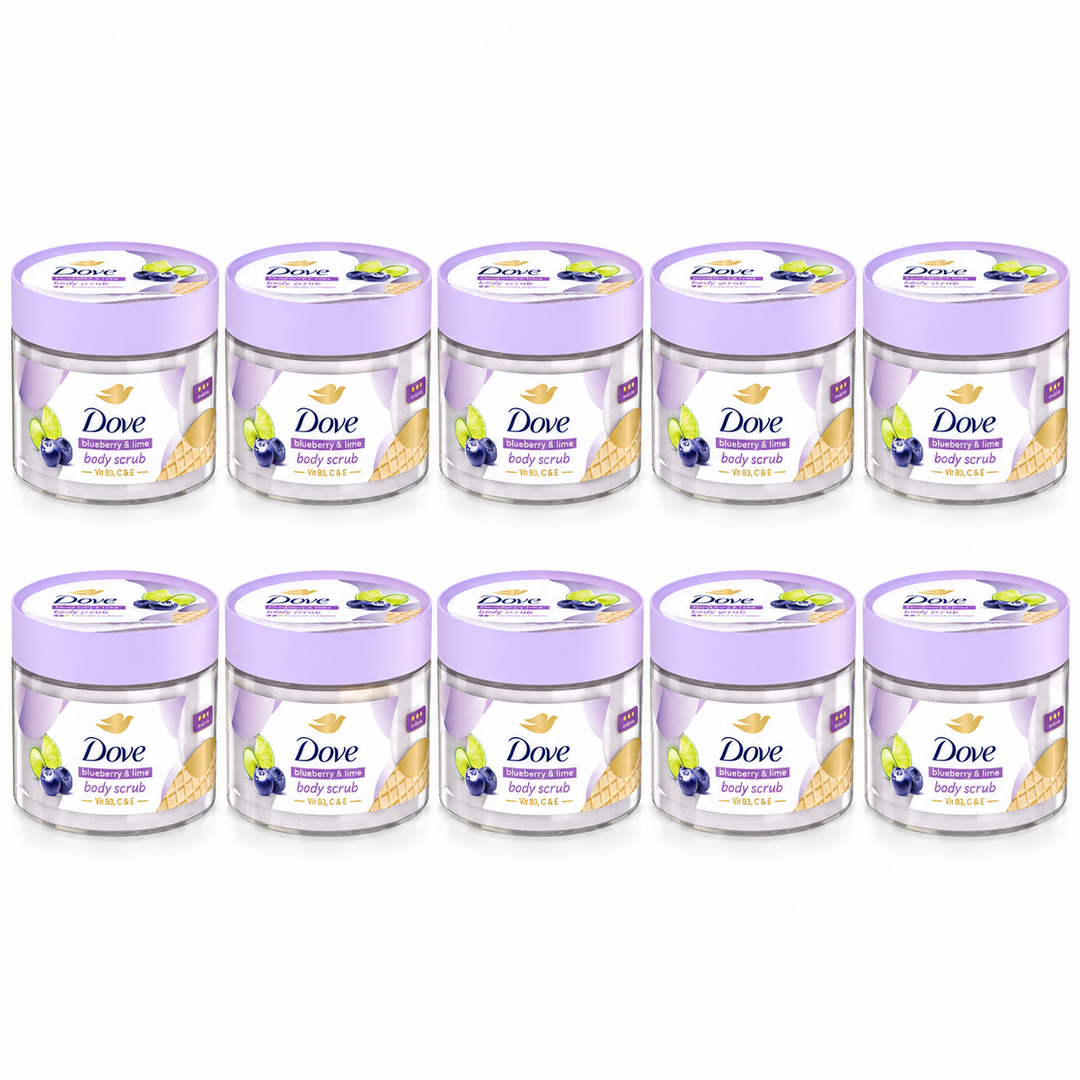 Dove Blueberry & Lime Body Scrub 280 g — 10 jars on white