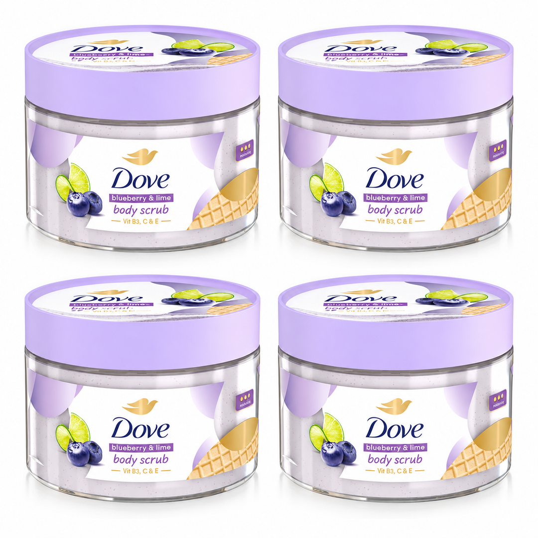 Dove Blueberry & Lime Body Scrub 280 g — 4 jars on white